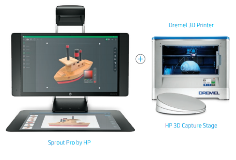 Images of a 3d printer and desktop computer