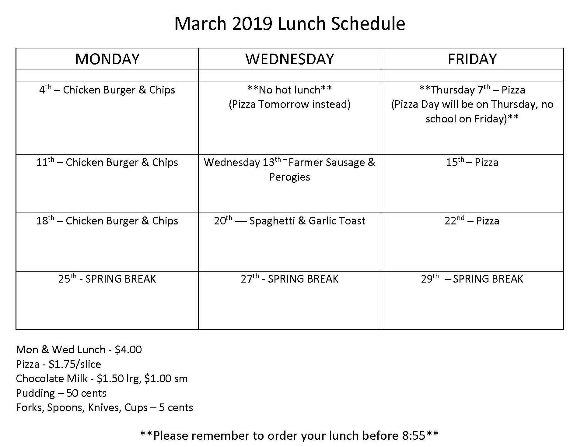 March 2019 Lunch Schedule