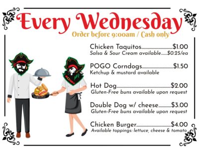 Chicken Taquitos $1.00
POGO Corndogs $1.50
HotDog $2.00
Double Dog w/ cheese $3.00
Chicken Burger $4.00