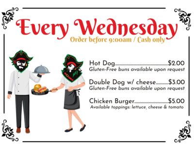 Hot lunch
Hot Dog...............................................$2.00
Gluten-Free buns available upon request

Double Dog w/ cheese...........$3.00
Gluten-Free buns available upon request

Chicken Burger..............................$5.00
Available toppings: lettuce, cheese & tomato